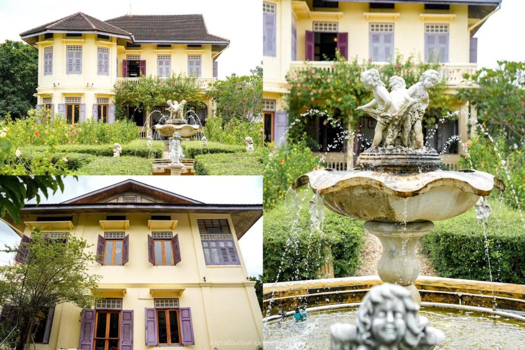 a house with a fountain in front of a building at Baan Phraya Suren บ้านพระยาสุเรนทร์ in Ban Thab Mak