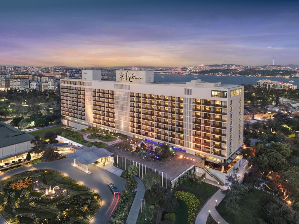an aerial view of the w hotel at night at Hilton Istanbul Bosphorus in Istanbul
