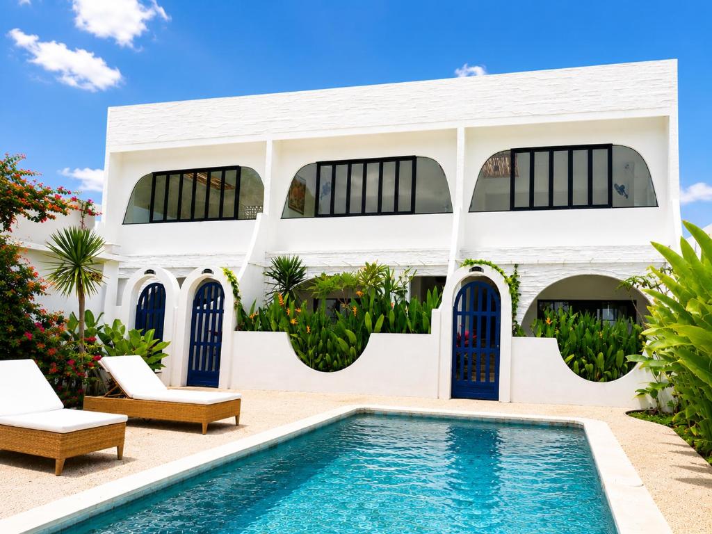 a house with a swimming pool in front of it at Bnaya Villas Riverside in Amed