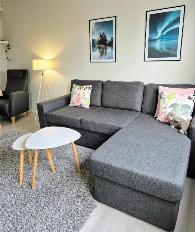 a living room with a couch and a coffee table at Citykoti Kuutti in Savonlinna