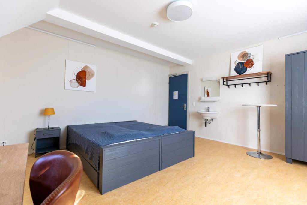 a bedroom with a bed and a sink in a room at Centrally Located Room in Buchs