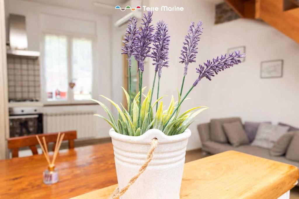 a vase with purple flowers sitting on a table at Il Volto, Terre Marine in Pignone