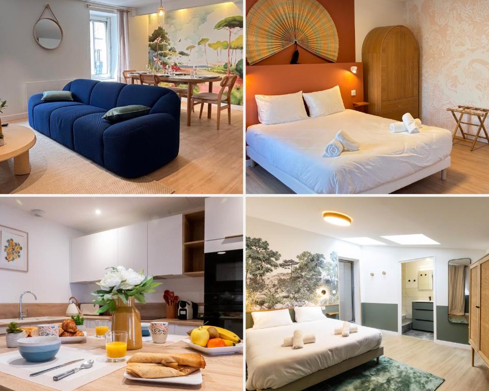 a collage of photos of a bedroom and a living room at Grand Appartement 2 chambres et 2 SDB, Balnéo, Centre-ville in Quimper