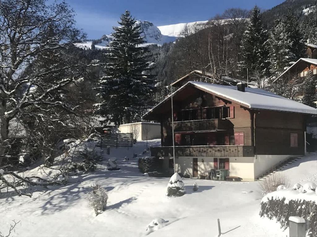 a building with snow on the ground in front of it at Bussalp Apartment - Aare Jungfrau AG in Grindelwald