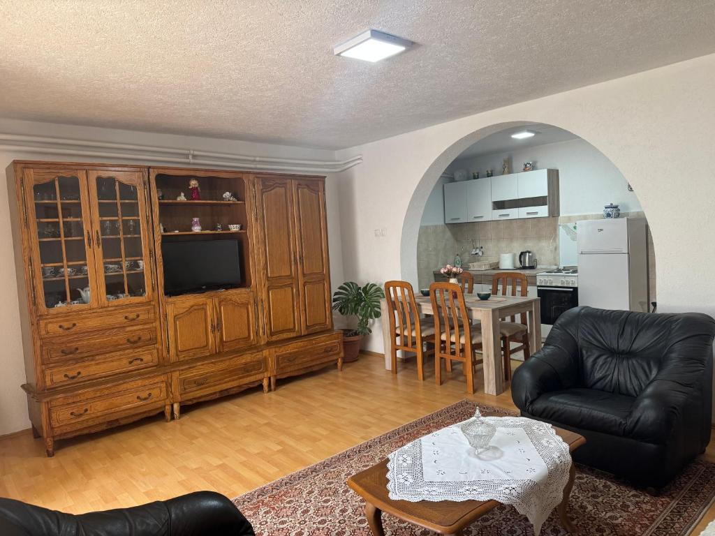 a living room with a black couch and a kitchen at Studio Apartman Đurđevak 2 in Banja Koviljača