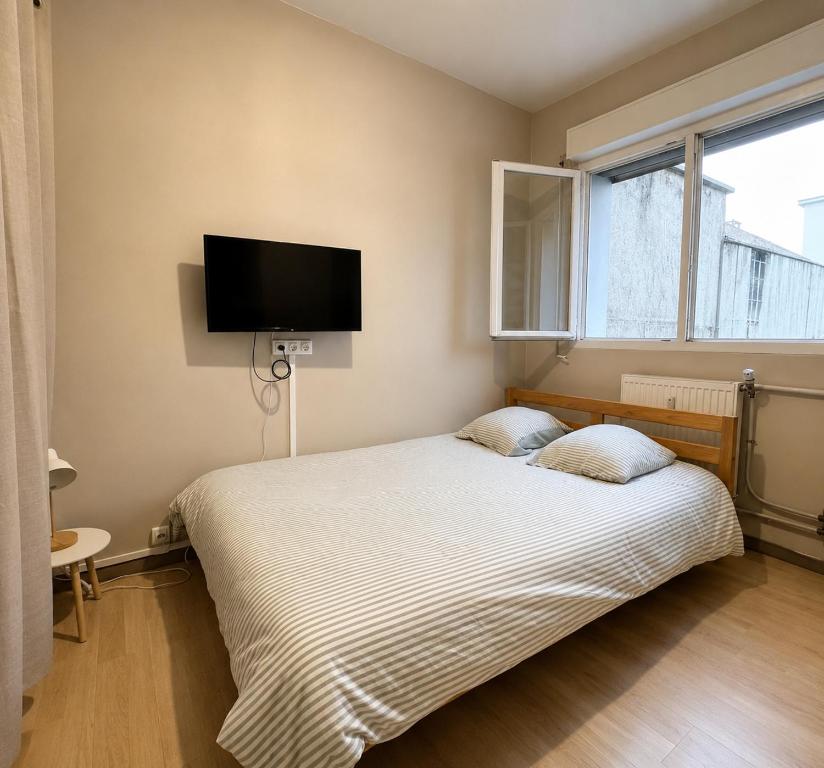 a bedroom with a bed and a flat screen tv at Le cocon-Romania in Châteauroux