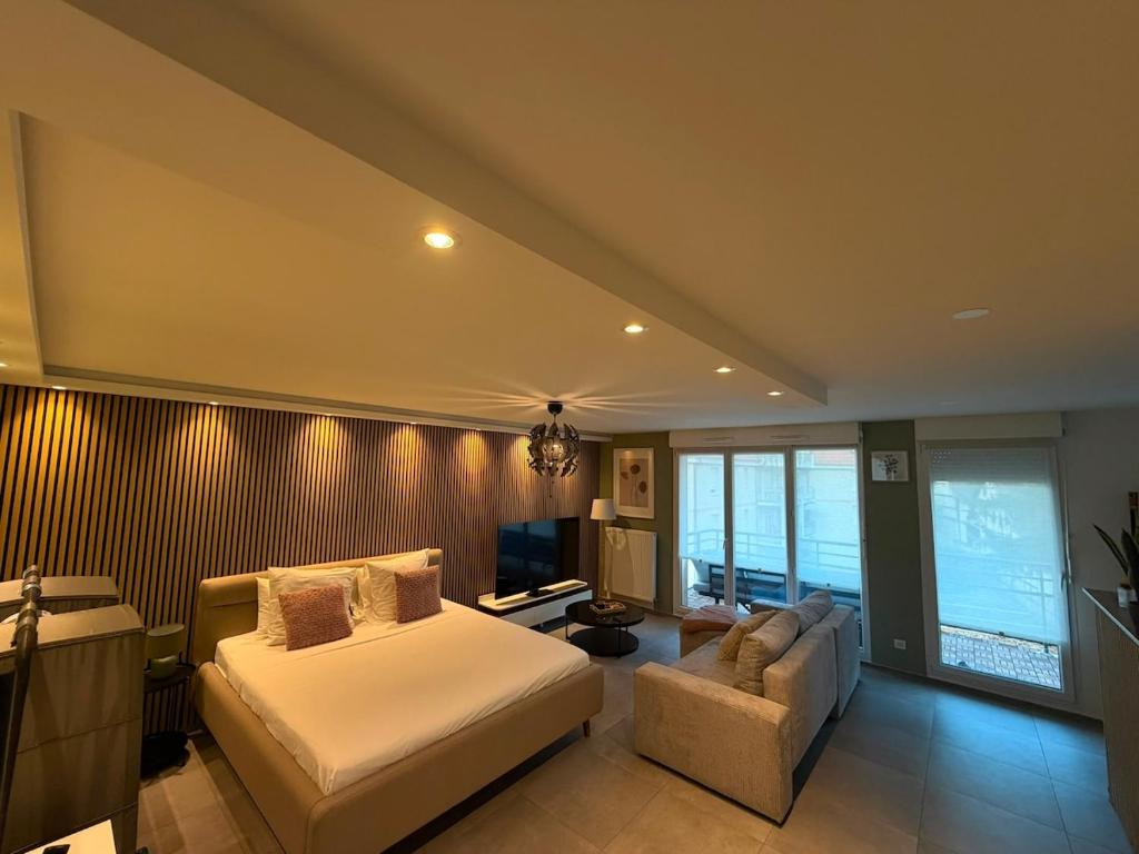 a bedroom with a bed and a couch and a television at Studio Etoile Elegance in Bartenheim