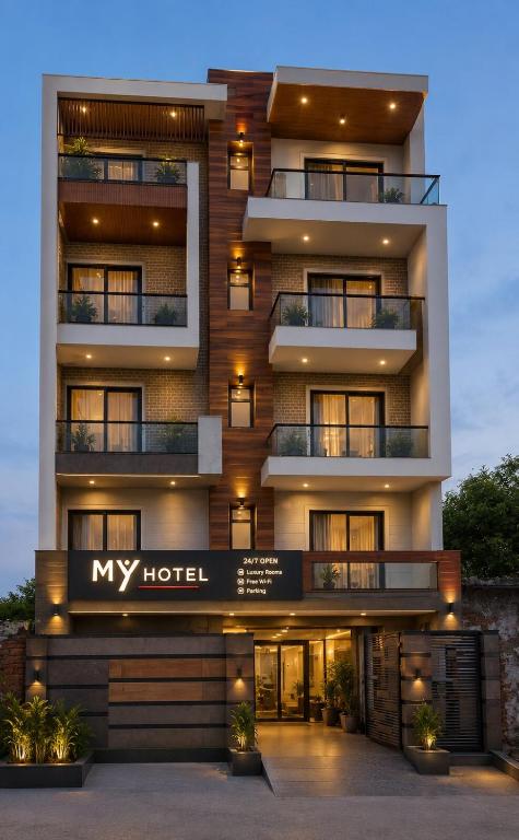 a building with a my hotel sign in front of it at My hotel Sector 23 Near Yashobhoomi Dwarka in New Delhi