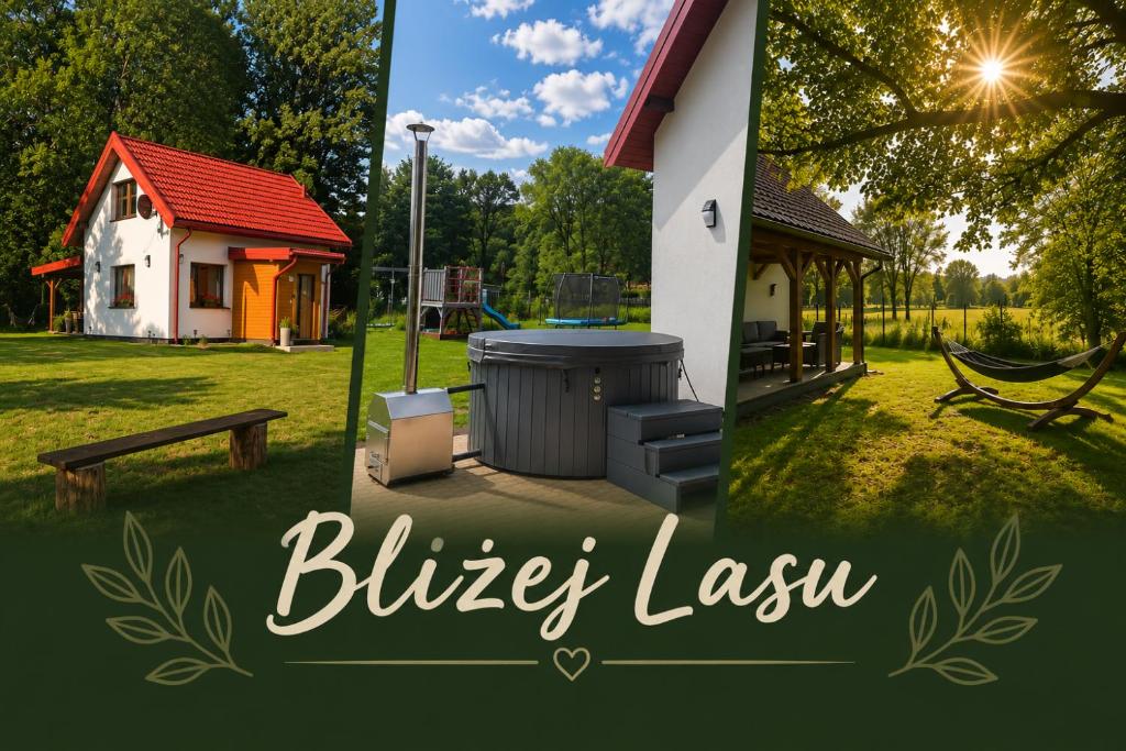 a collage of three pictures of a house and a trash can at Bliżej Lasu - Rodzinny domek w górach in Stary Gieraltów