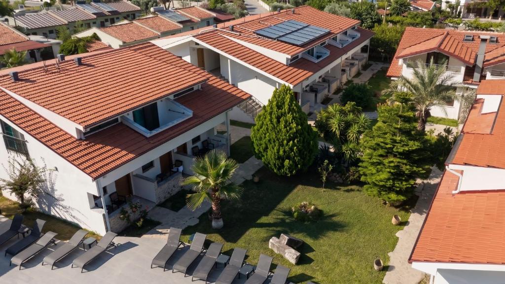 an aerial view of a house with a roof at Hotel Riverside in Dalyan