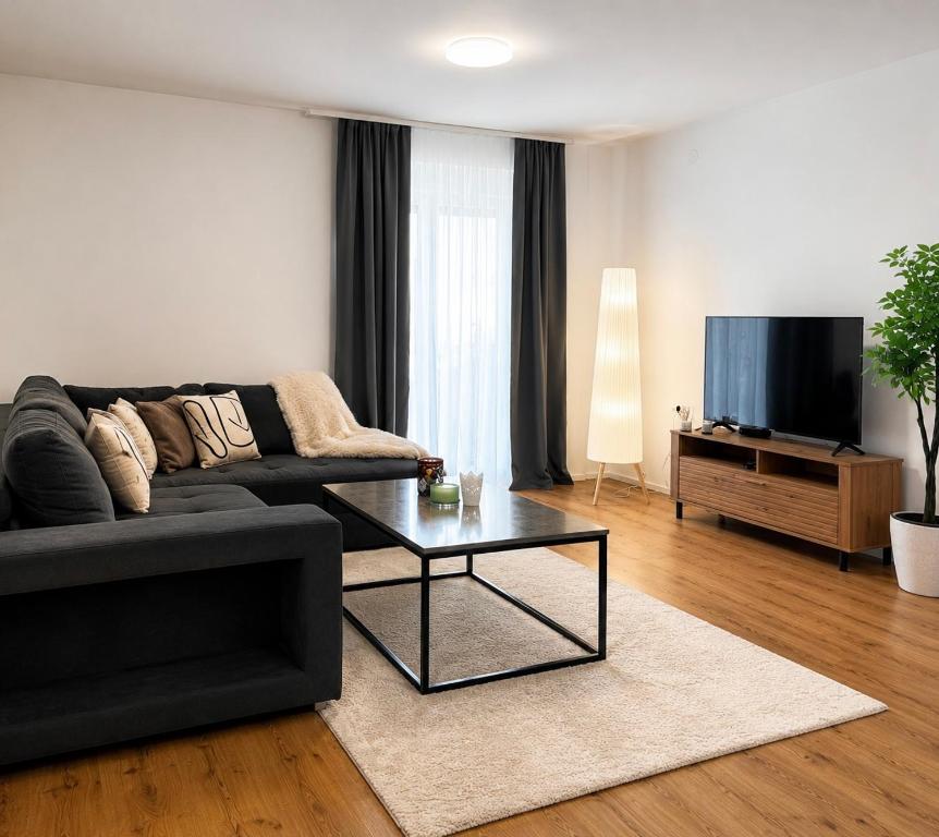 a living room with a black couch and a television at Studio apartman Katja in Karlovac