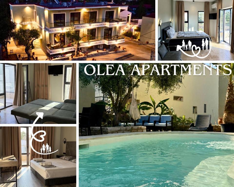 a collage of photos of a house and a swimming pool at Olea Apartments in Potos