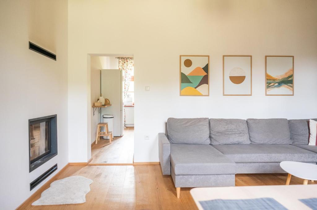 a living room with a couch and a fireplace at Pod Skalou in Temeš