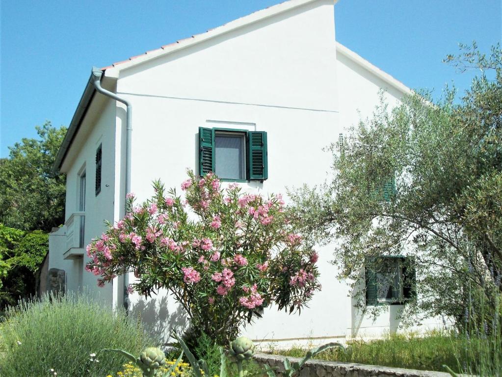 a white house with pink flowers in front of it at Spacious house in Lukoran with sea view in Lukoran