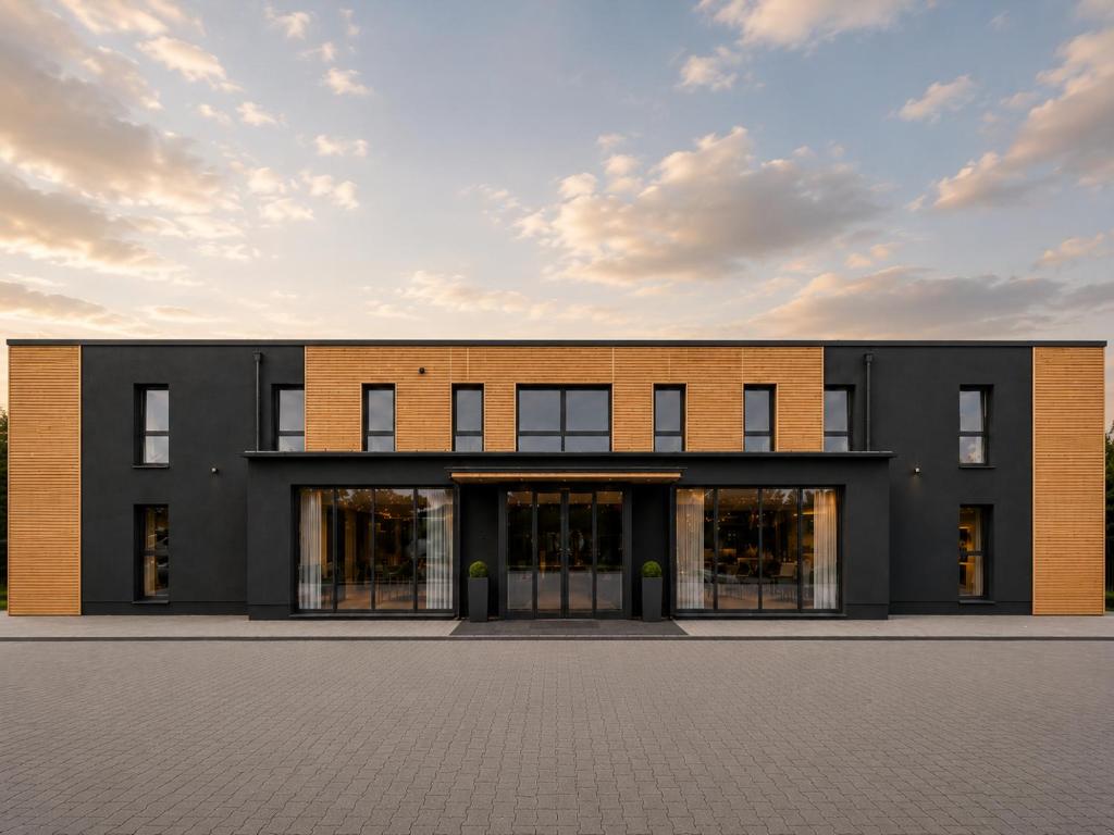 a black building with glass doors and a sky at D&C Hotel Sulingen in Sulingen