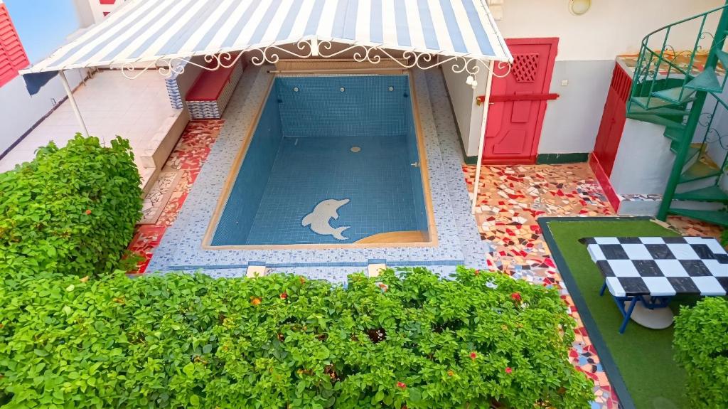 a toy house with a swimming pool with a dog in it at Charming apartment in M'bour + 100 m² + pool in Mbour