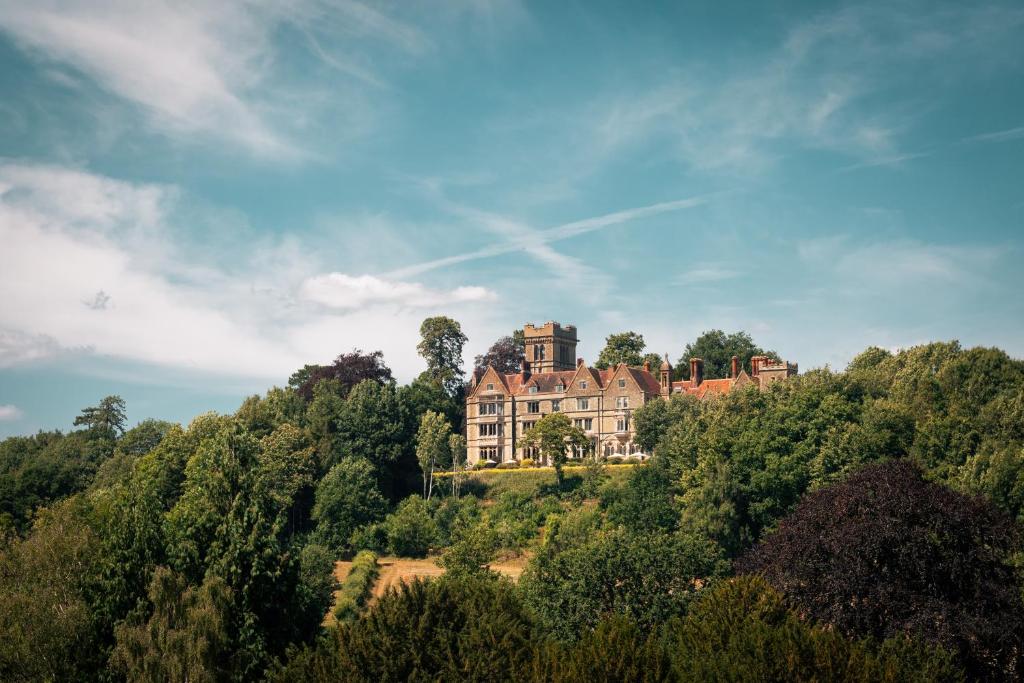 a large house on a hill in the trees at Nutfield Priory Hotel & Spa in Redhill
