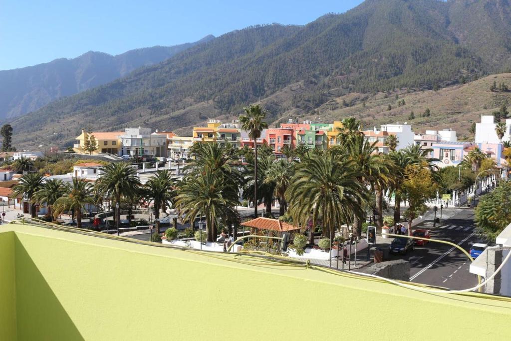 a view of a city with palm trees and mountains at Welcoming apartment with mountain view in El Paso