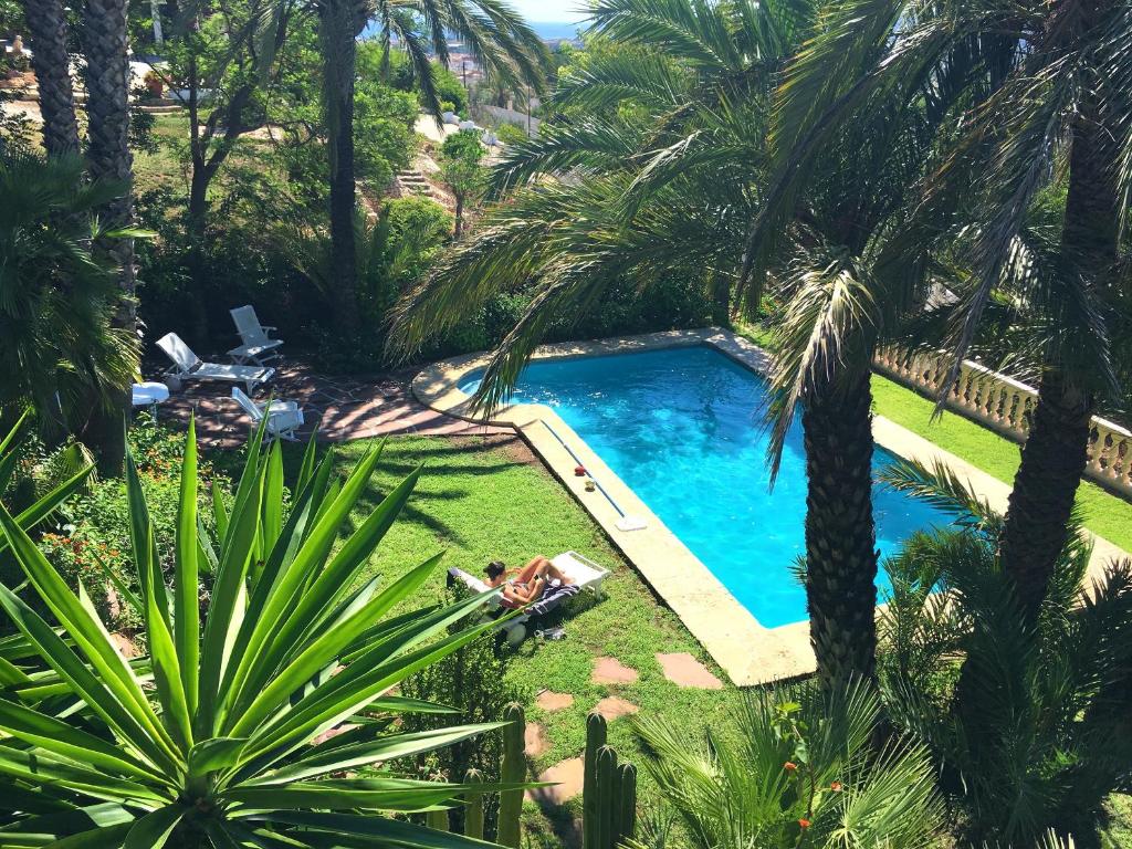 an overhead view of a swimming pool with palm trees at Seaside villa in Jávea with private pool in Jávea