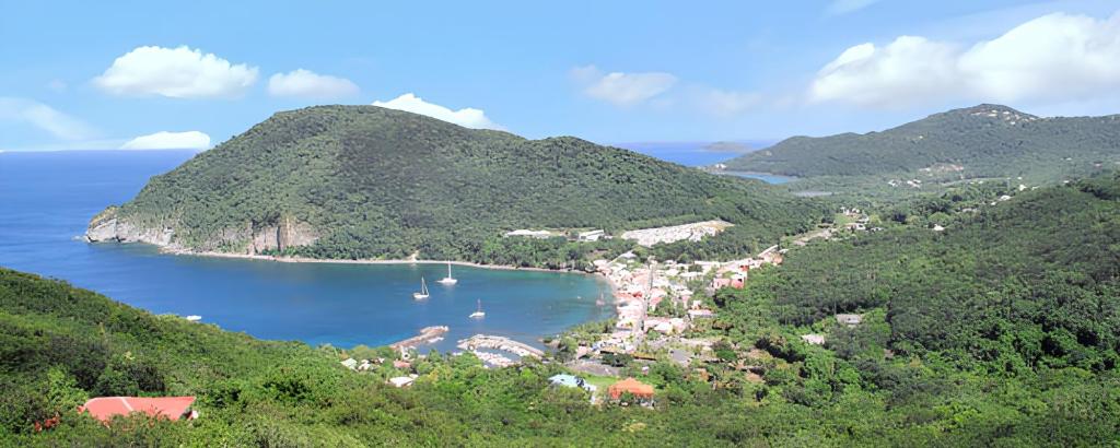 a view of a bay with boats in the water at Appartement spacieux à Deshaies avec vue sur mer in Deshaies