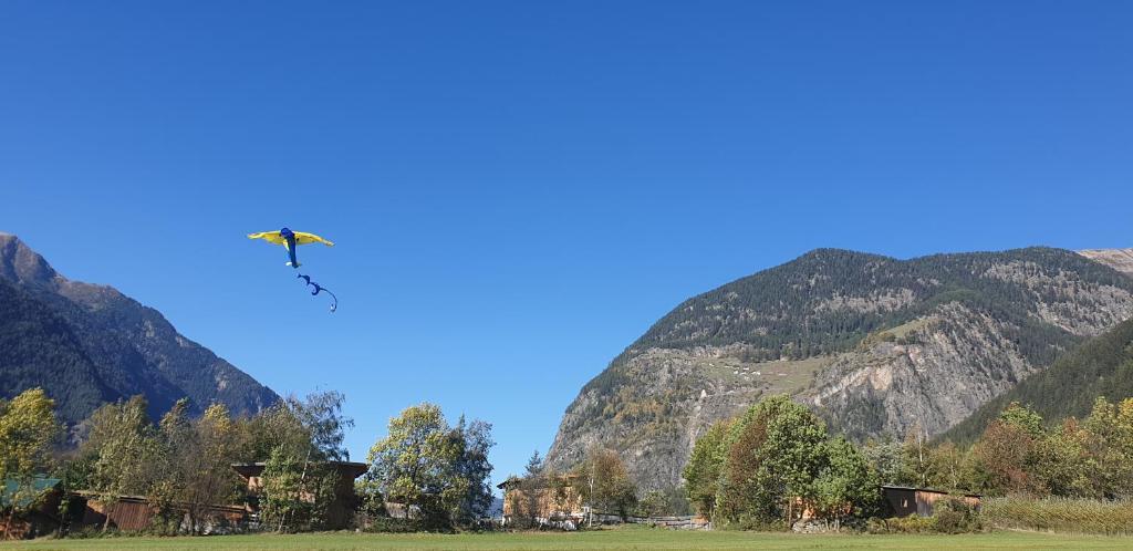 a kite is flying in the sky over a field at Stockers Apart in Umhausen