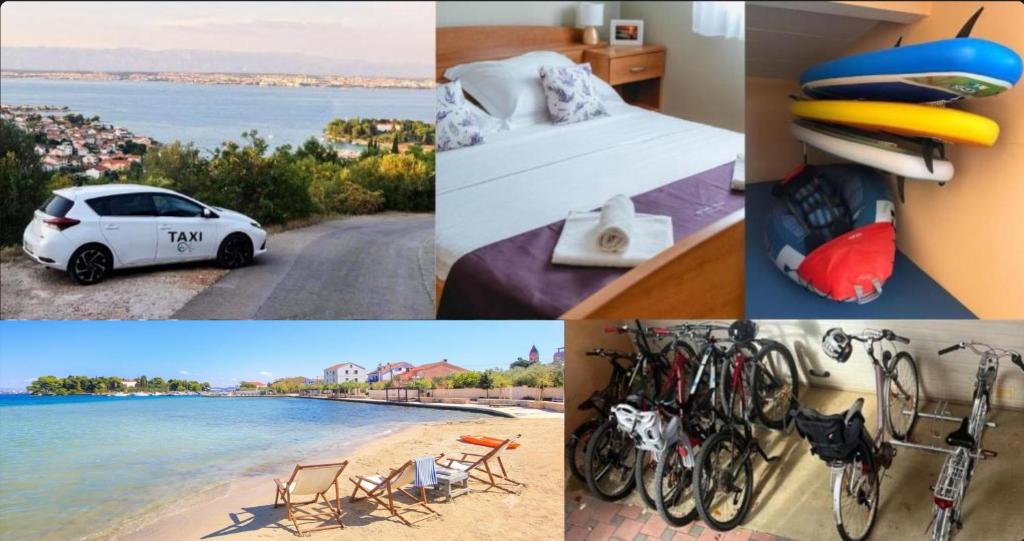 a collage of photos of a hotel with a bed and a beach at Adriatic Oasis Apartments in Preko