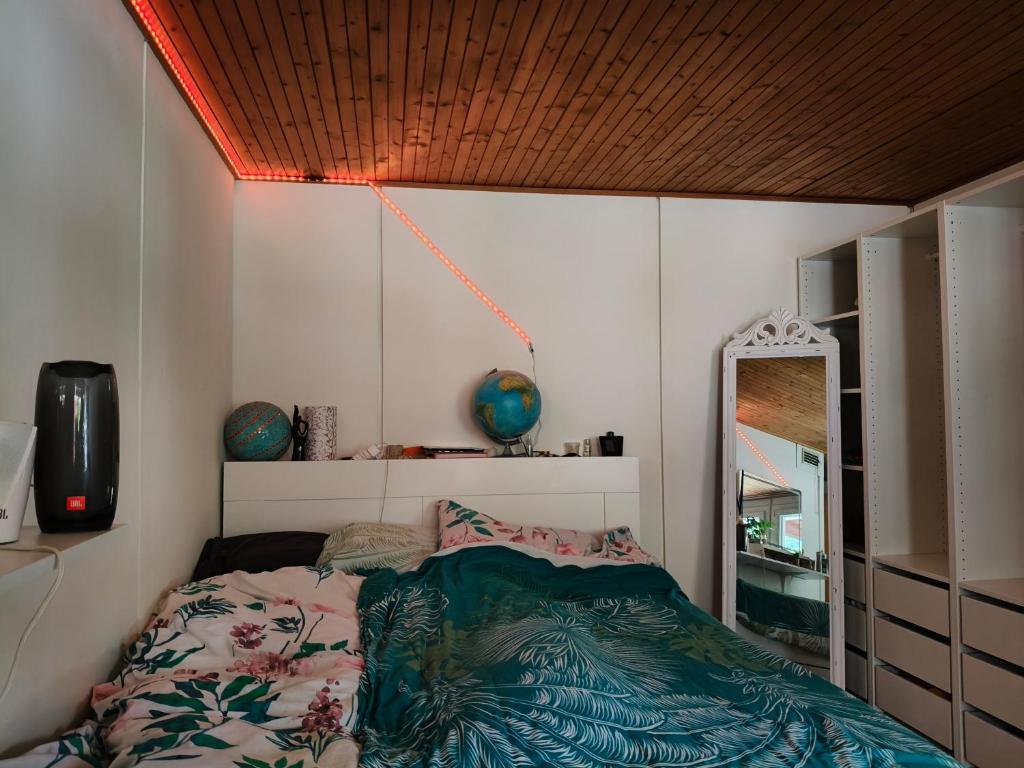 a bedroom with a bed and a mirror in it at Grosses Doppelzimmer in Privathaus in Flums
