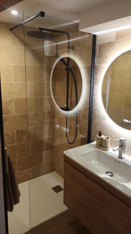 a bathroom with a shower and a sink and a mirror at Le cabanon in Flayosc