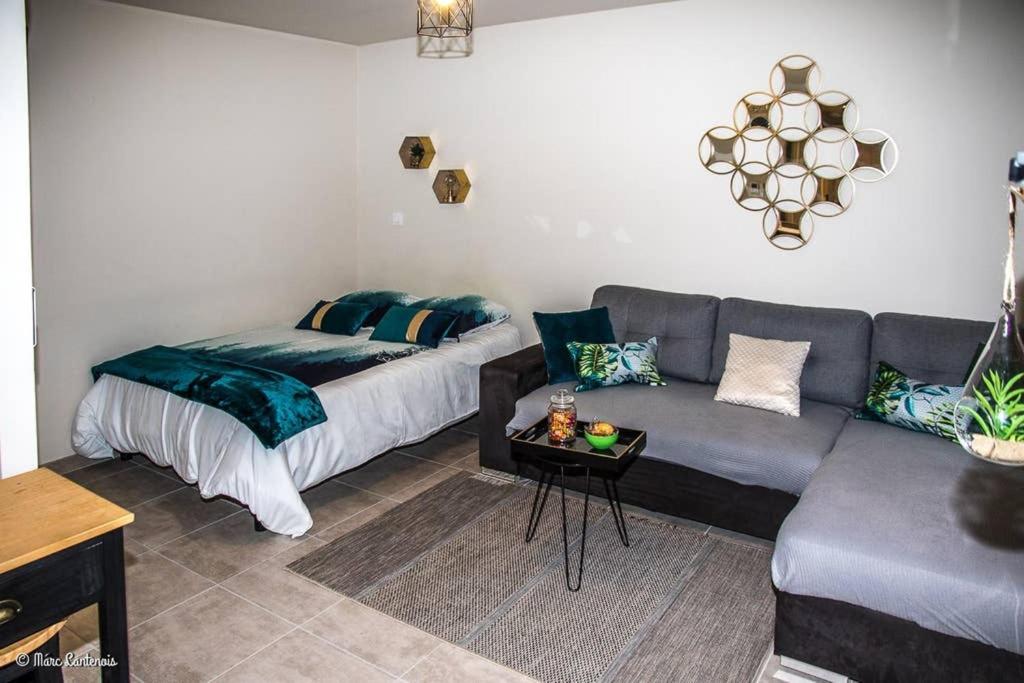 a living room with a couch and a bed at Studio confortable à Abondant, 30 m² avec jardin équipé in Abondant