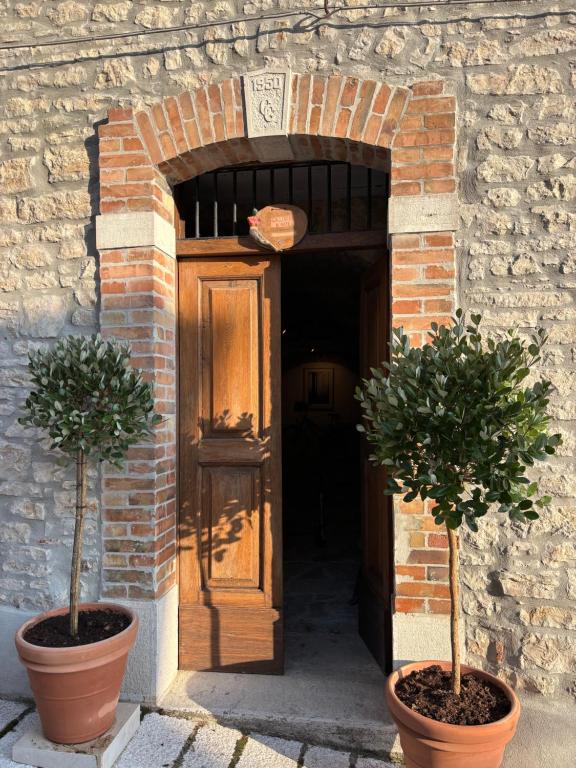 two potted trees in pots in front of a door at Art & Breakfast in Ripabottoni