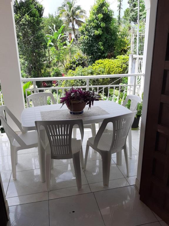 a table with chairs and a potted plant on a porch at Appartement charmant à Sainte-Marie avec terrasse de 88 m² in Sainte-Marie