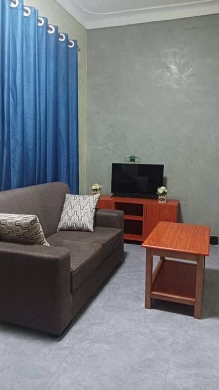 a living room with a couch and a tv at Rasaf Cottages and Intent suits in Kyebando