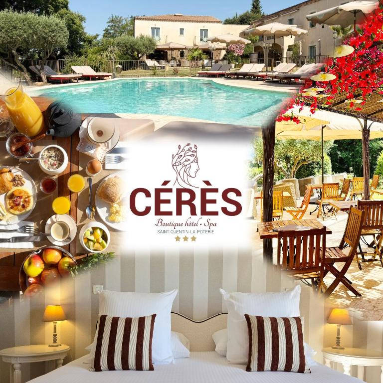 a sign for a hotel with a swimming pool at CÉRÈS - Boutique-Hôtel & Spa - Élégance en Terre d'Uzès in Saint-Quentin-la-Poterie