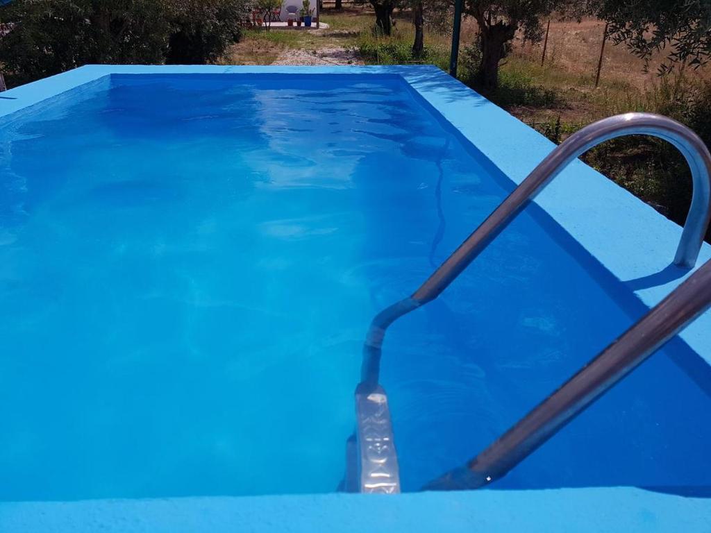 a blue swimming pool with a hose in it at Charming House Santarém + Pool in Santarém