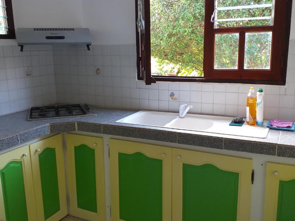 a kitchen with green and yellow cabinets and a sink at Appartement charmant Morne-À-l'Eau in Morne-à-lʼEau