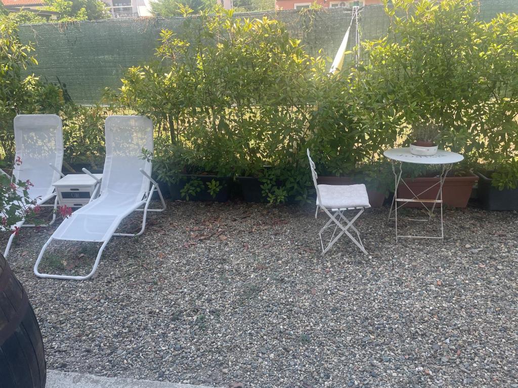 a group of chairs and a table in a yard at Villa Alessandra in Acqui Terme