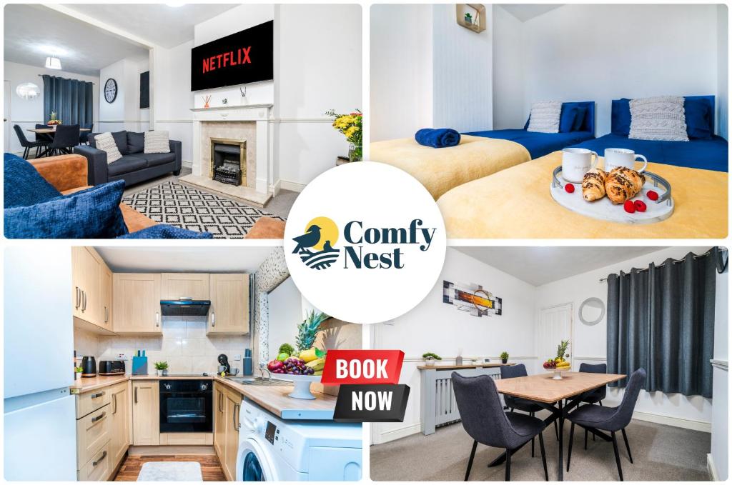 a collage of photos of a kitchen and a room at 2 Bedroom 5 Single Beds WiFi in Northampton