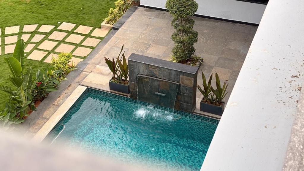 an overhead view of a swimming pool with plants at Riva Retreat in Hakīmpet