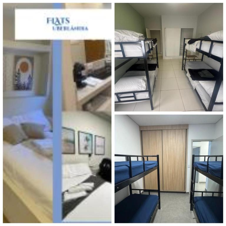 three different pictures of a room with bunk beds at "Flats Uberlândia - FLATS, APARTAMENTOS E QUARTOS in Uberlândia