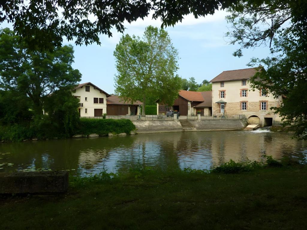 a view of a river with buildings in the background at Gite Du Moulin De Veyriat in Lescheroux