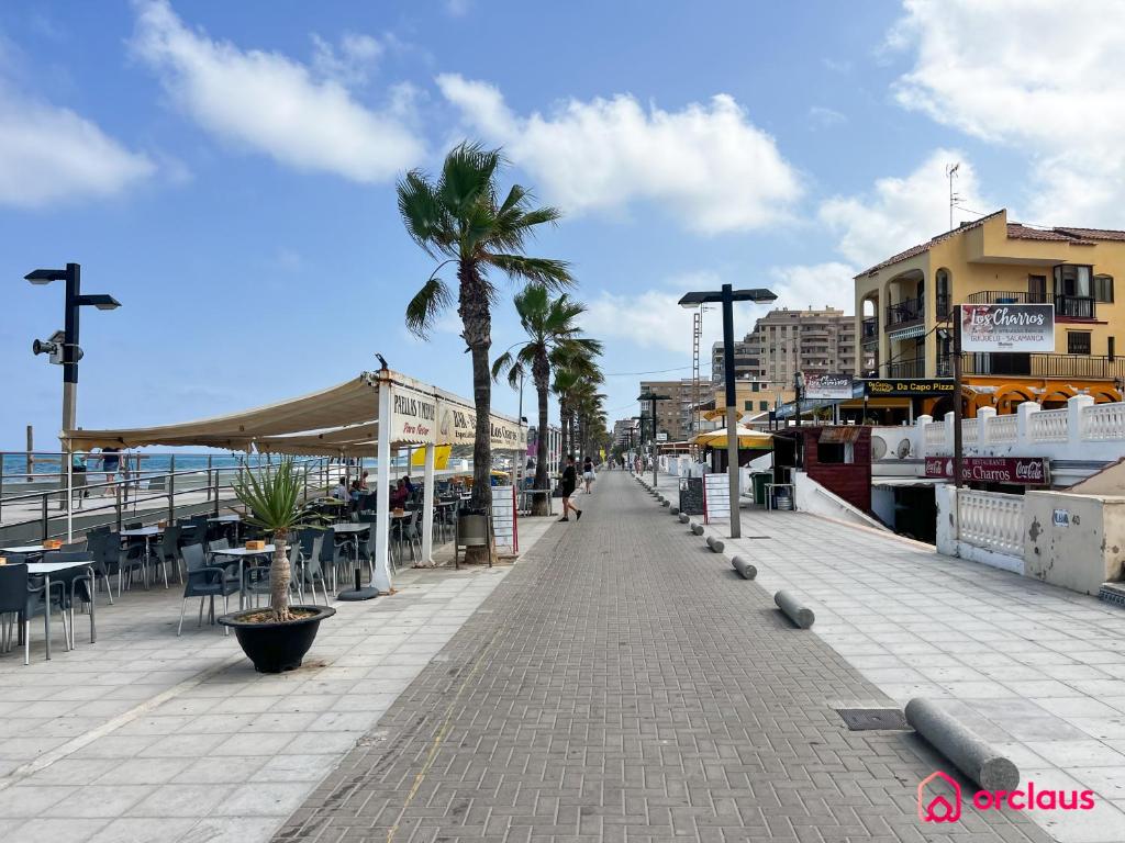 a sidewalk with tables and palm trees on a beach at Bloom House in Oropesa del Mar