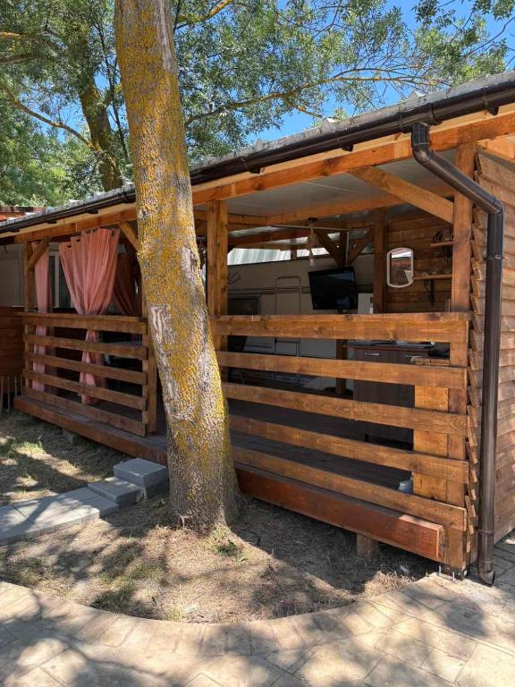 a wooden cabin with a tree in front of it at Divoto Zove in Tsarevo