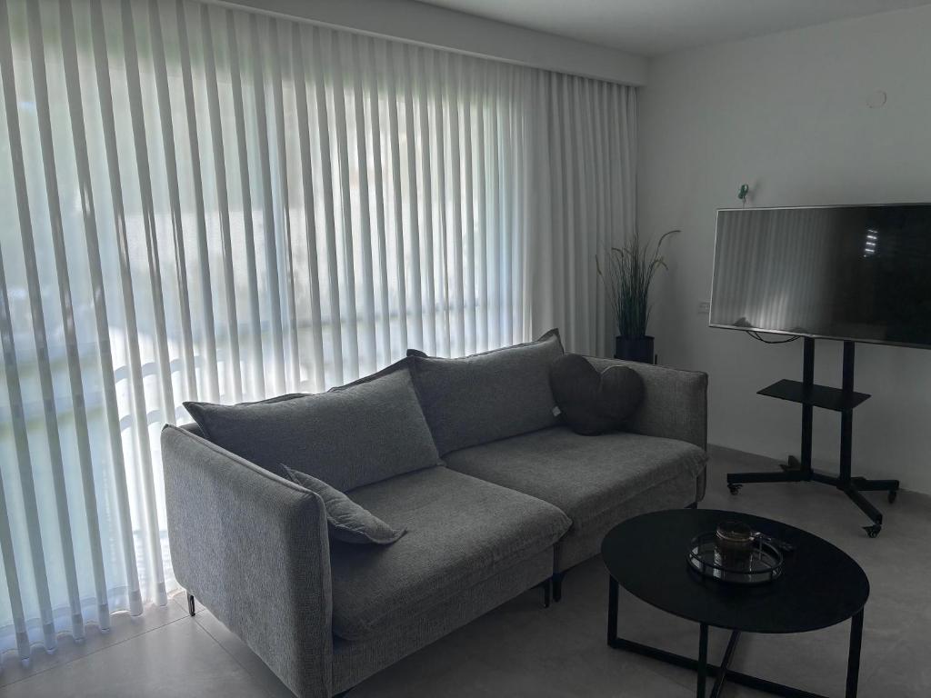 a living room with a couch and a flat screen tv at Quiet spot in Qiryat Ata