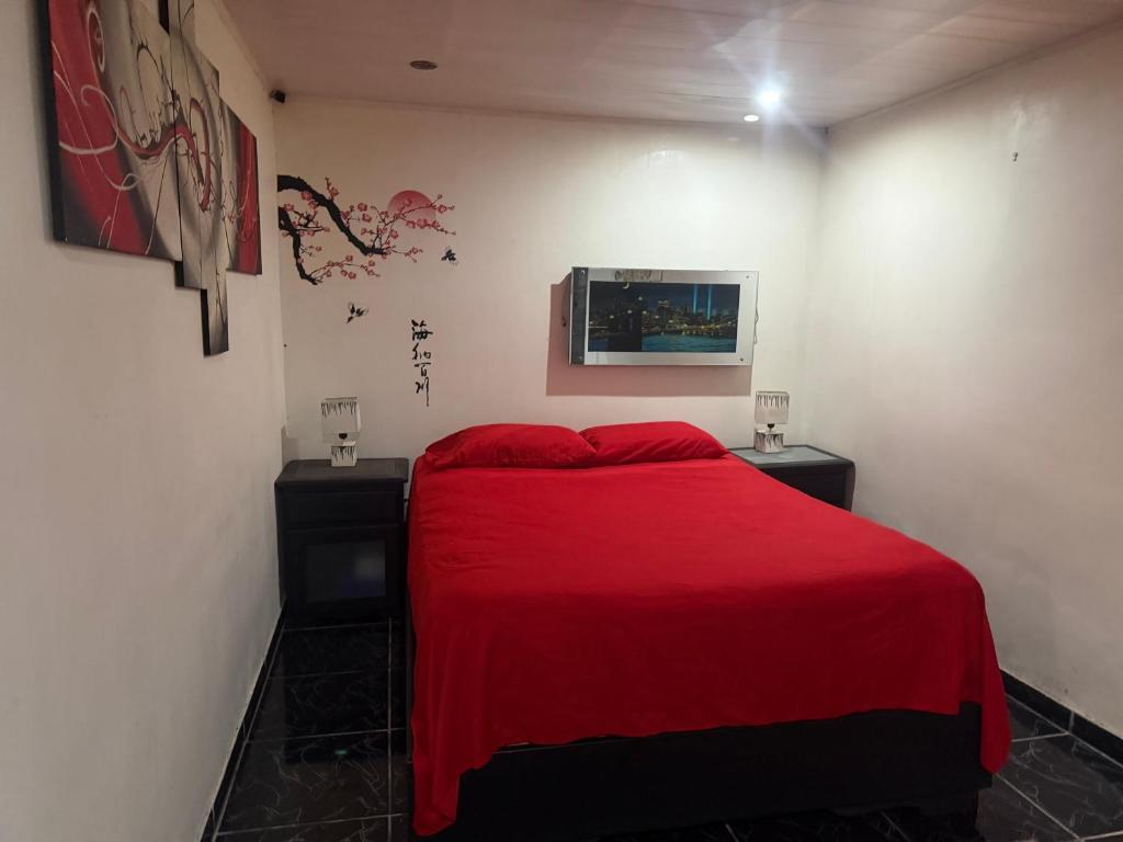a bedroom with a red bed and a tv at La comodidad a su alcance in La Cuesta