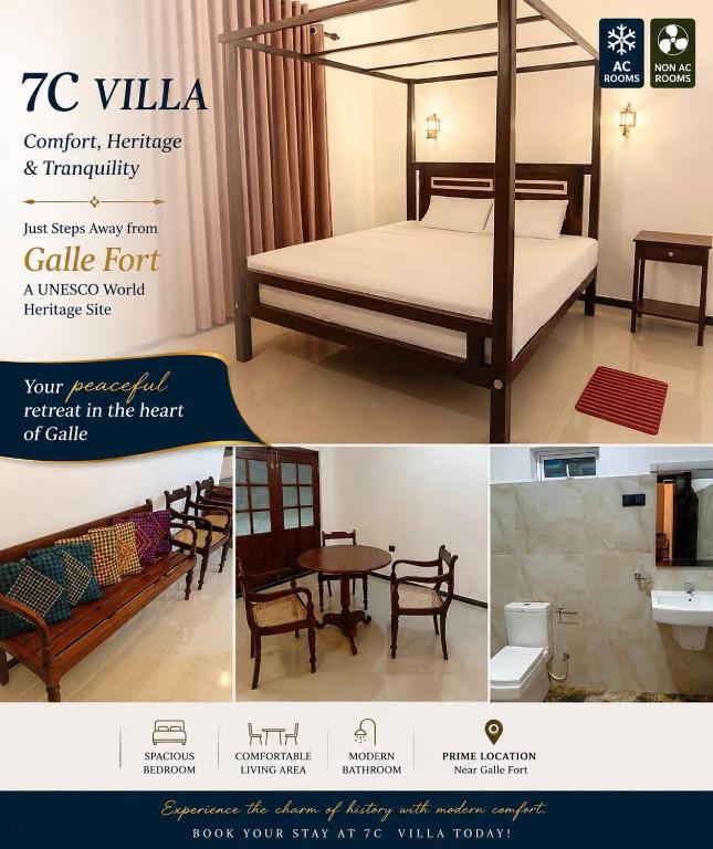 a collage of pictures of a room with a bed and furniture at 7C Villa in Galle