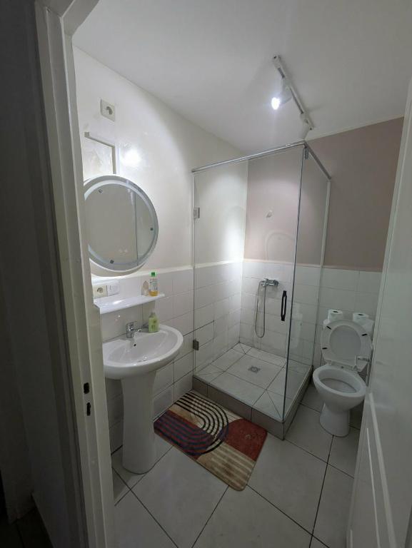 a bathroom with a shower and a sink and a toilet at AYA Stay in Andoharanofotsy