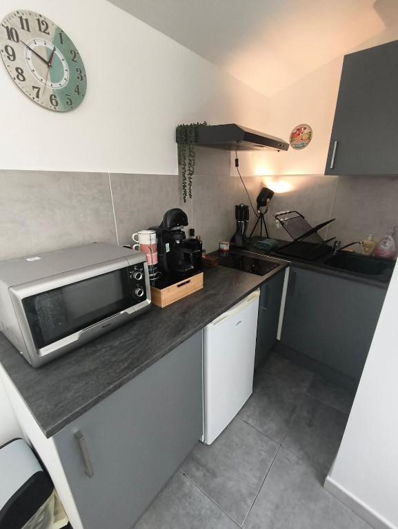 a kitchen with a microwave on top of a counter at Cozy studio - proche Cité de Carcassonne in Couffoulens