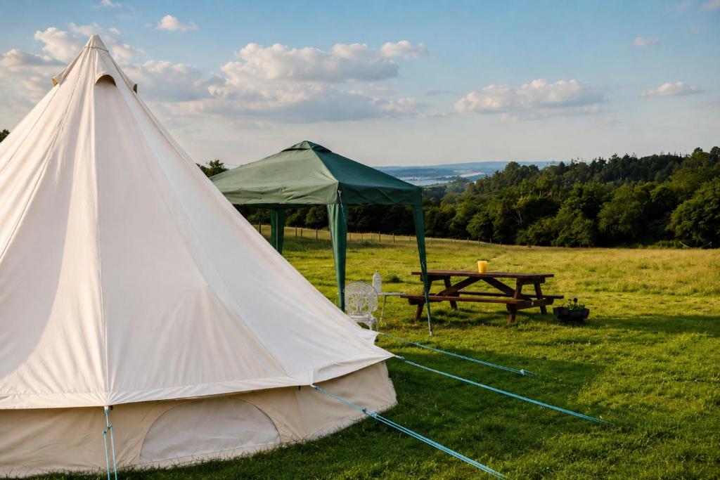 a tent and a picnic table in a field at Damson Keep Wild glamping pop up in Bere Alston