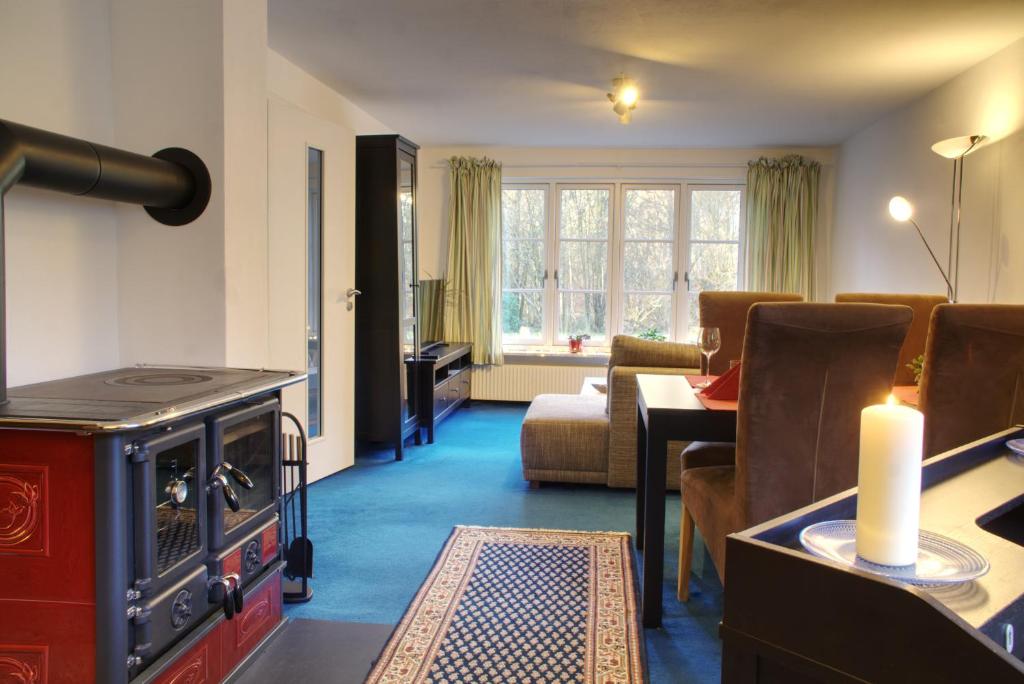 a living room with a stove and a couch at Gästehaus Wildblume in Borgdorf-Seedorf