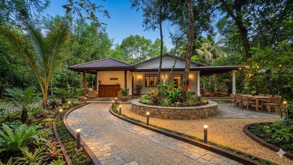 a house in the middle of a garden at Ceylora Resort in Sigiriya